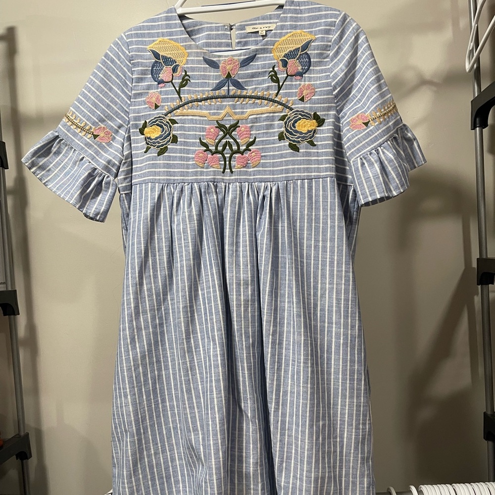 Embroidered Stripped Knee Length Dress
